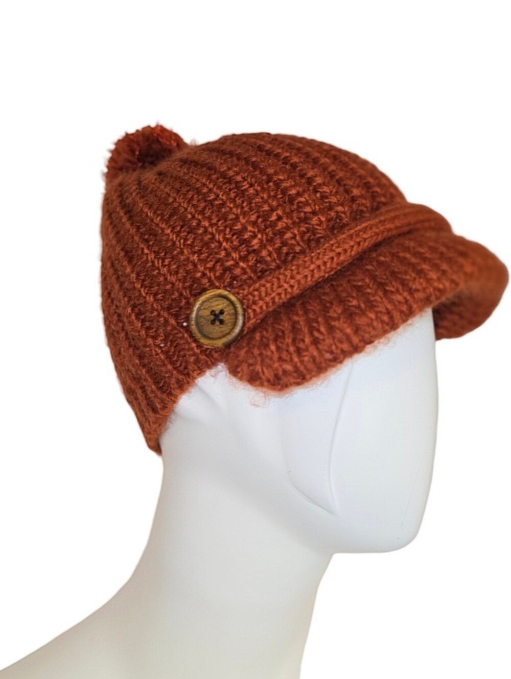 Collection Eighteen Knitted Visor Hat with Pom-Pom & Buttons One Size